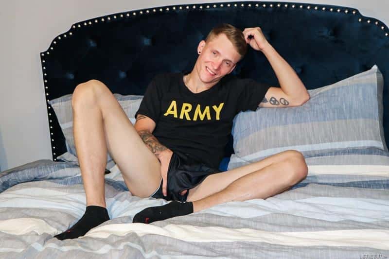 Hot young dude Ryker Ryland in just shiny black shorts wanking huge thick dick at Active Duty 0 porno gay pics - Ryker Ryland