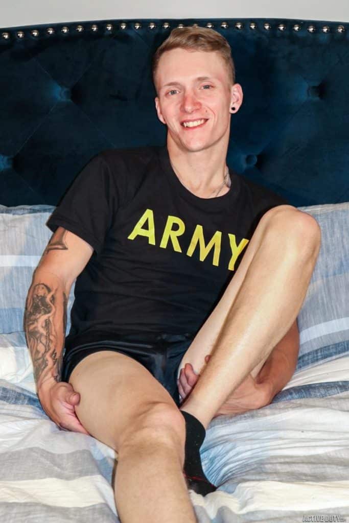Hot young dude Ryker Ryland in just shiny black shorts wanking huge thick dick at Active Duty 2 porno gay pics 683x1024 - Ryker Ryland